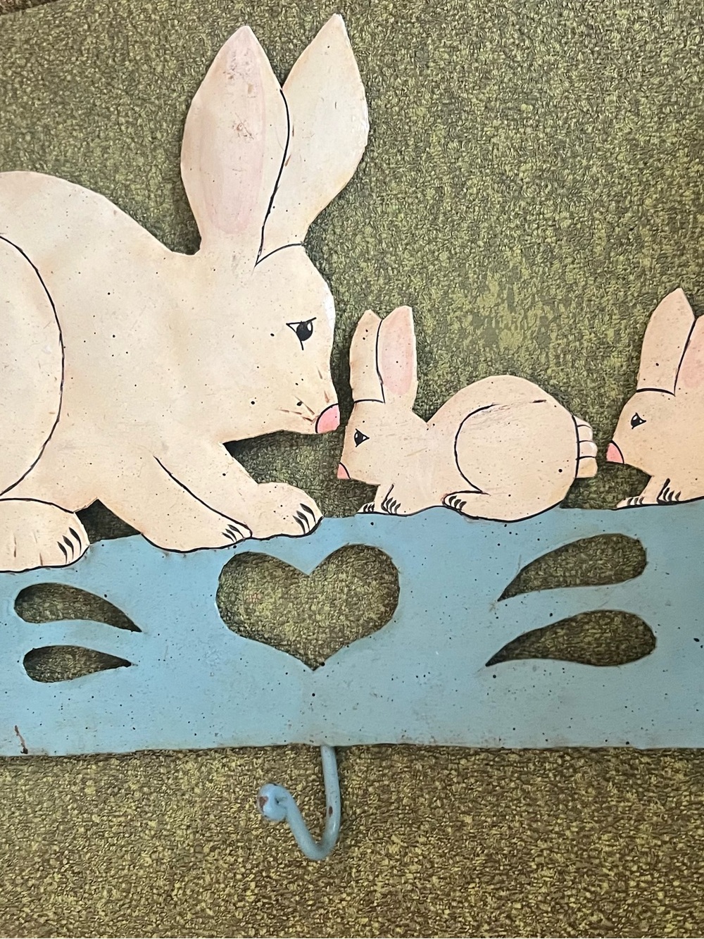 Vintage Pink Bunny Wall Hook with Blue Heart Accent